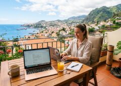 Mulher a trabalhar num portátil numa varanda com vista panorâmica sobre o Funchal, Madeira