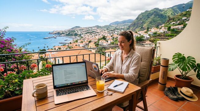 Mulher a trabalhar num portátil numa varanda com vista panorâmica sobre o Funchal, Madeira