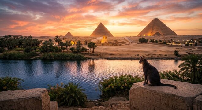 Um gato sentado sobre uma pedra com hieróglifos observa o rio Nilo e as Pirâmides de Gizé ao pôr do sol